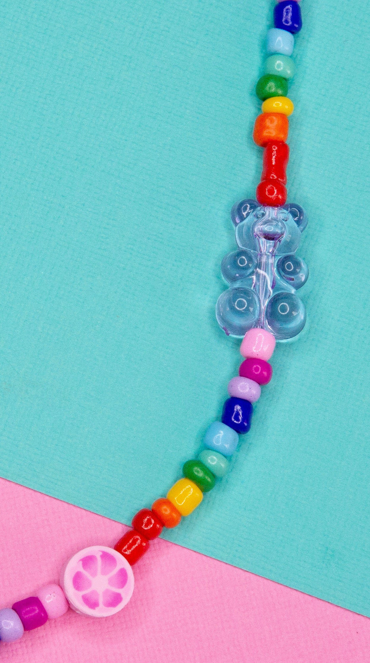 Photo showing the gummy bear bead section of the rainbow necklace 