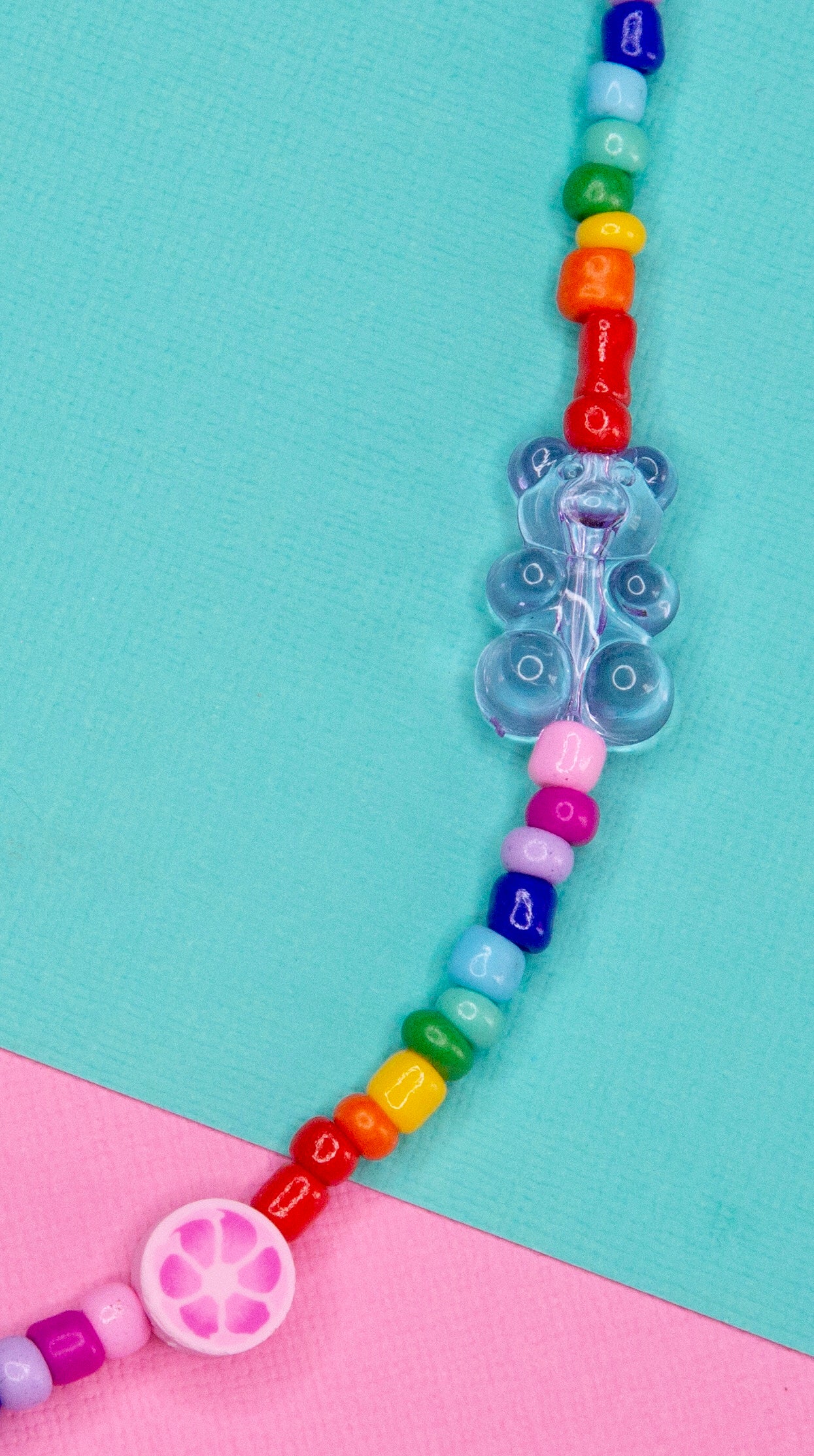 Photo showing the gummy bear bead section of the rainbow necklace
